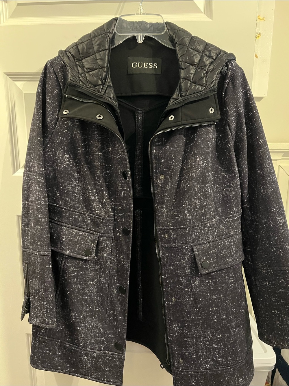GUESS Black Speckled Quilted-Hood Women’s Field Coat